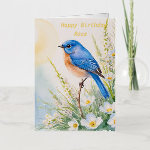 Carte De Vacances Métallisée Fleurs d'oiseaux bleues personnalisées Aquarelle a