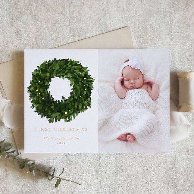 Carte De Vacances Métallisée Gouache Boxwood Wreath First Baby Christmas Photo (Créateur téléchargé)
