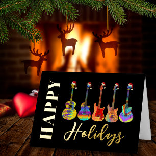 Carte De Vacances Métallisée Guitare de Noël Personnalisée Joyeuses Fêtes Noir 
