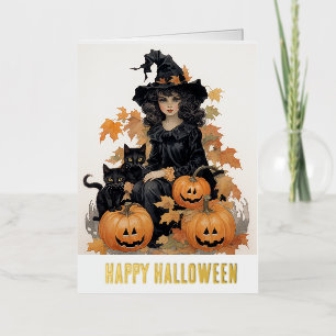 Carte De Vacances Métallisée Halloween sorcière vintage et chats noirs