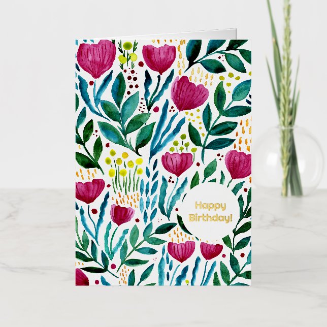 Carte De Vacances Métallisée Illustration botanique Joyeux anniversaire (Recto)