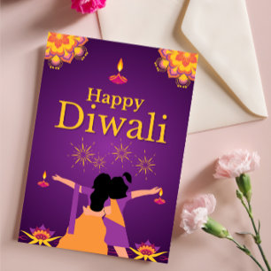 Carte De Vacances Métallisée Illustration lumineuse Diwali rose pourpre