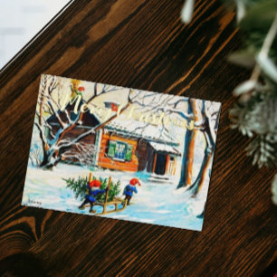 Carte De Vacances Métallisée Jenny Nyström Gnome Vintage arbre de Noël suédois
