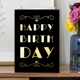 Carte De Vacances Métallisée Joyeux Anniversaire Or Typographique Art Déco