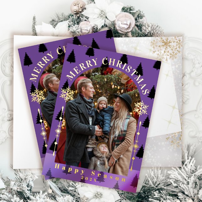 Carte De Vacances Métallisée Joyeux Noël Arbre Neige Flakes Purple Photo (Merry Christmas Tree Snow Flakes Purple Photo Foil Greeting Card)
