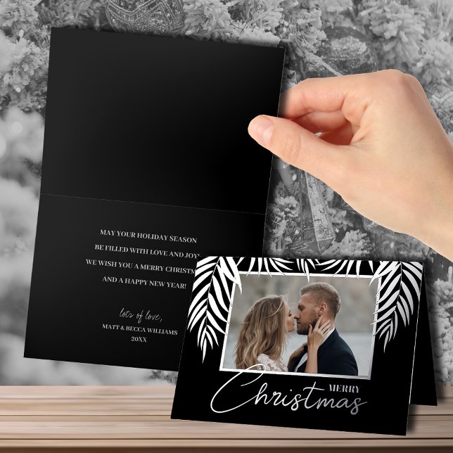 Carte De Vacances Métallisée Joyeux Noël Argent Palms Plier (Merry Christmas, palm fronds in silver foil, photo on front, greeting inside folded greeting cards)