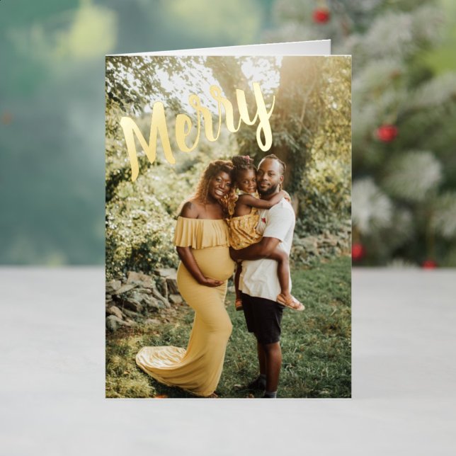 Carte De Vacances Métallisée Joyeux Noël Élégant 6 Photo Plié (Merry Christmas Elegant 6 Photo Folded Foil Holiday Card)