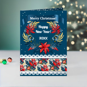 Carte De Vacances Métallisée Joyeux Noël et Bonne Année ! Oiseau bleu 2025