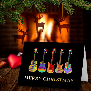 Carte De Vacances Métallisée Joyeux Noël Guitares portant des chapeaux de Père 
