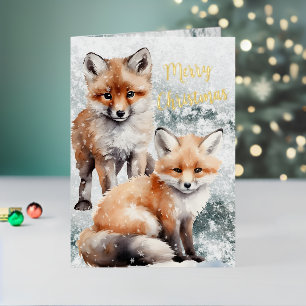Carte De Vacances Métallisée Joyeux Noël Neige hiver Rouge Fox Cubs Or