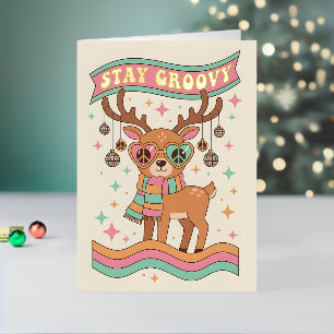 Carte De Vacances Métallisée Joyeux Noël Renne Groovy Rétro