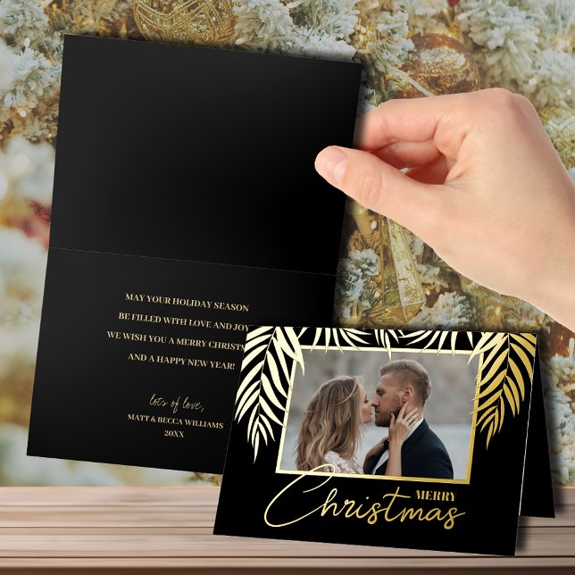Carte De Vacances Métallisée Joyeux Palme d'or de Noël plié (Merry Christmas and palm fronds in gold foil, photo on front, greeting inside folded greeting cards)