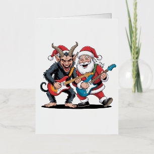 Carte De Vacances Métallisée Krampus et Père Noël Jouer à la guitare électrique