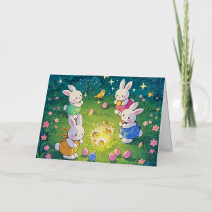 Carte De Vacances Métallisée Lapins de dessin animé de Pâques cachant des œufs