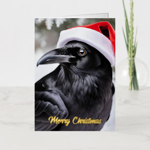 Carte De Vacances Métallisée Le corbeau dans un Noël de chapeau de Père Noël