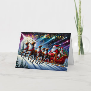 Carte De Vacances Métallisée Le traîneau du Père Noël avec six rennes sous le c