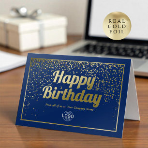 Carte De Vacances Métallisée Logo Entreprise Elegant Blue Gold Joyeux anniversa