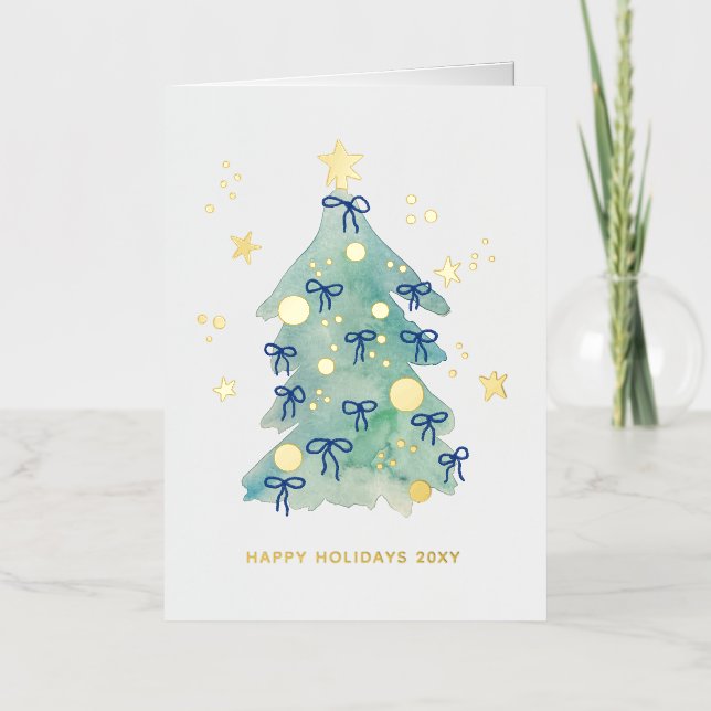 Carte De Vacances Métallisée Logo Simple Christmas Tree Blue Ribbons Business (Recto)