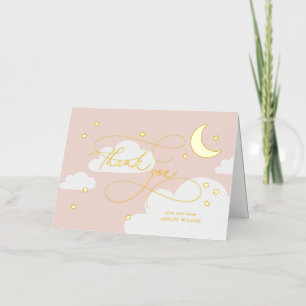 Carte De Vacances Métallisée Lune et Étoiles Écriture Rose Bébé Merci