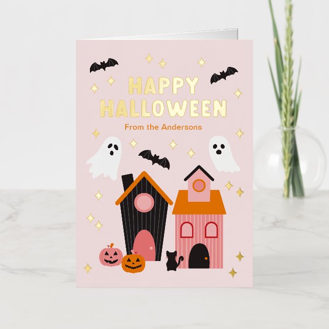 Carte De Vacances Métallisée Maisons de Halloween éffrayantes (Recto)