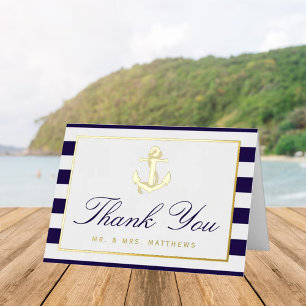 Carte De Vacances Métallisée Mariage Ancre nautique Merci réel
