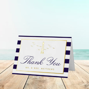 Carte De Vacances Métallisée Mariage de phare Nautique Merci Real