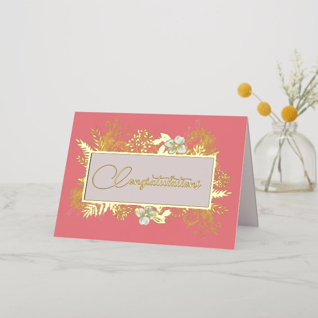 Carte De Vacances Métallisée Mariage saumon rose et or Floral (Fleur d'or)