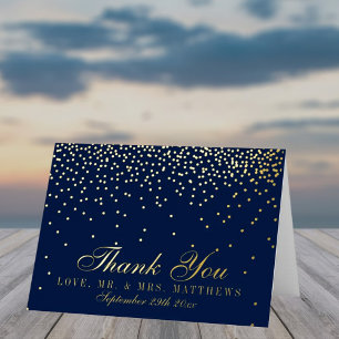 Carte De Vacances Métallisée Merci Mariage de Confetti bleu marine et or glam