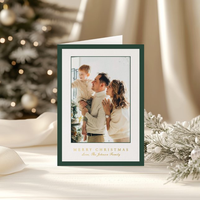 Carte De Vacances Métallisée Minimal Green Border Photo Elegant Christmas (Créateur téléchargé)