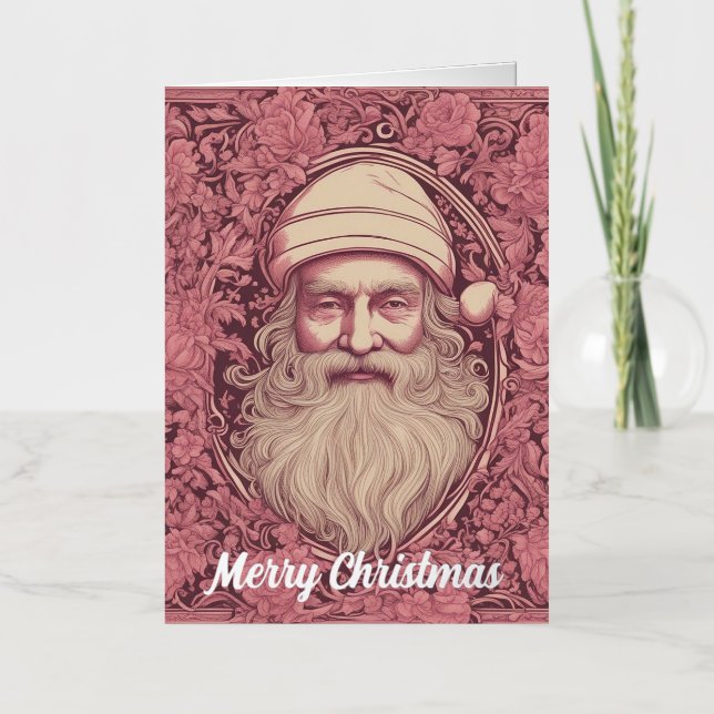 Carte De Vacances Métallisée Noël rose Retro Père Noël (Recto)