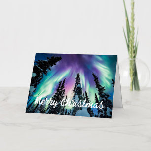 Carte De Vacances Métallisée Northern Lights Winter Forest Joyeux Noël