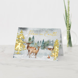 Carte De Vacances Métallisée Paix Sur Terre Photo Forêt Neige Écriture De Cerfs