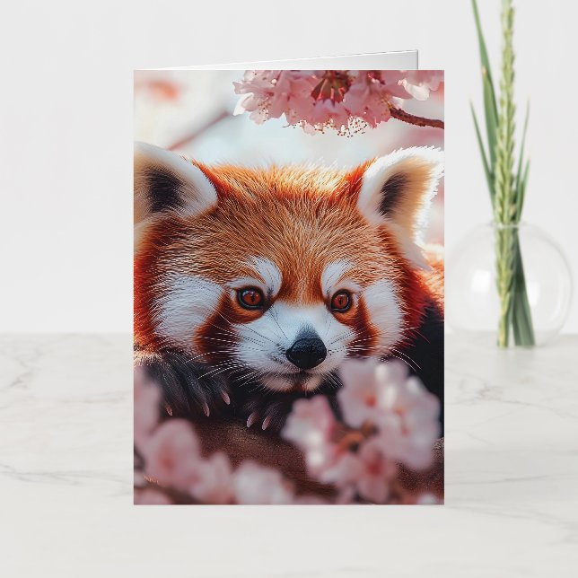 Carte De Vacances Métallisée Panda Rouge Parmi Les Fleurs De Cerisiers (Recto)