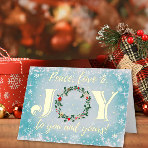 Carte De Vacances Métallisée Peace Love and Joy Wreath Christmas