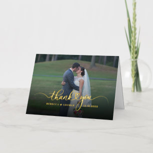 Carte De Vacances Métallisée Photos du jour de mariage Couples Script Merci Or