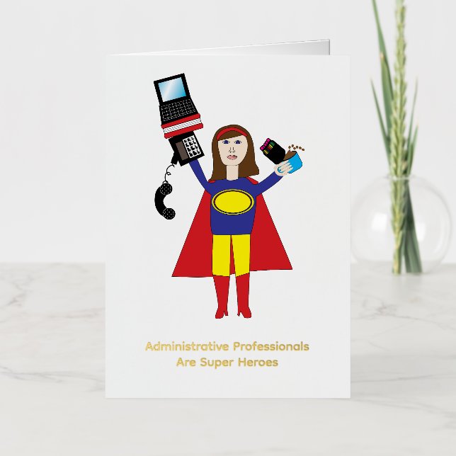 Carte De Vacances Métallisée Professionnels administratifs Super Héros Brunette (Recto)