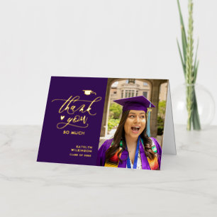 Carte De Vacances Métallisée Purple Elegant Script Photo Graduation Merci