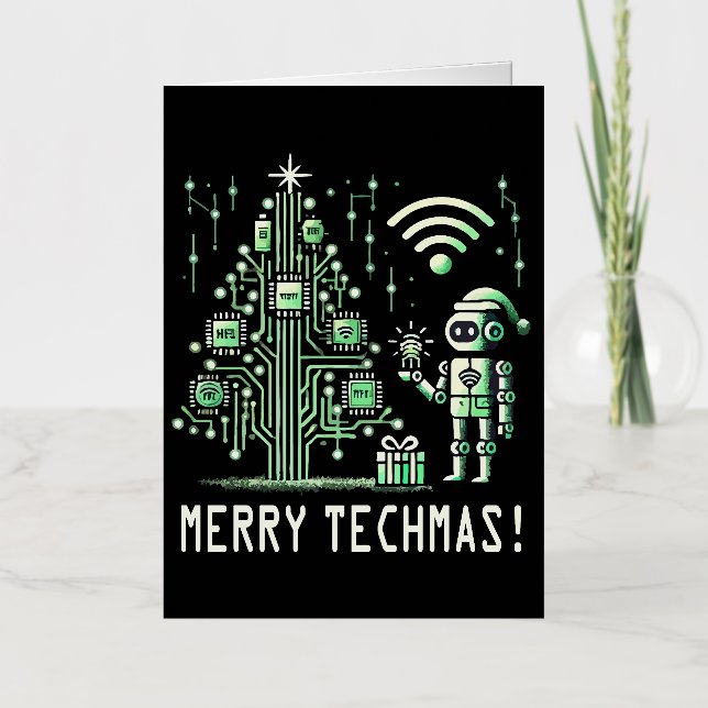 Carte De Vacances Métallisée Robot IA avec arbre de Noël Tech - Joyeux Techmas (Recto)