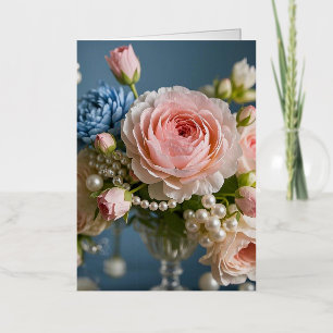 Carte De Vacances Métallisée Rose rose délicate avec perle dans un vase