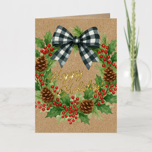 Carte De Vacances Métallisée Rustique Holly Wreath Blanc Noir À damiers Bow Or