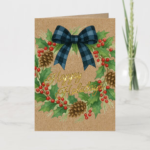 Carte De Vacances Métallisée Rustique Holly Wreath Bleu Noir À damiers Bow