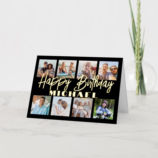 Carte De Vacances Métallisée Script Happy Birthday Elegant Black Photo Collage (Recto)