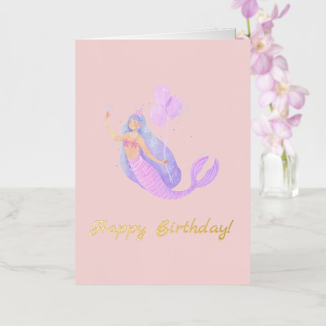 Carte De Vacances Métallisée Sirène Simple Anniversaire Rose Pêche (Orchidée)