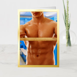 Carte De Vacances Métallisée SlipperyJoe homme musclé abs vestiaire pièce carre