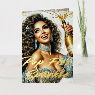 Carte De Vacances Métallisée Une Femme Glamoureuse Pop Champagne Anniversaire