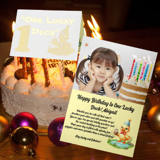 Carte De Vacances Métallisée Une fille photo Lucky Duck 1er anniversaire