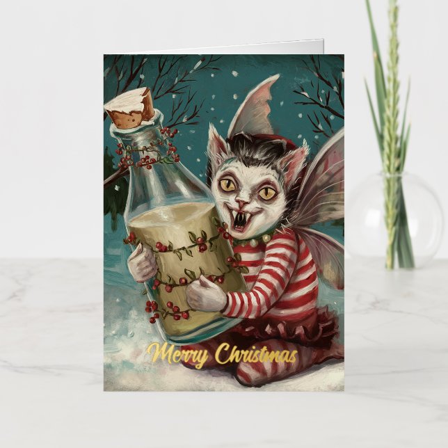Carte De Vacances Métallisée Vampire Kitty de Noël avec bouteille de lait (Recto)