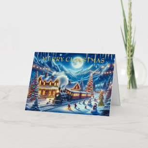 Carte De Vacances Métallisée Village magique du train de Noël en hiver