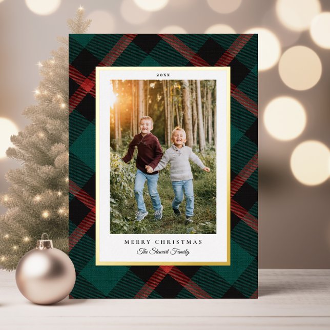 Carte De Vacances Métallisée Vrai Foil Rouge Vert Plat Noël (Real Foil Red Green Plaid Christmas Foil Holiday Card with 2 Photos)