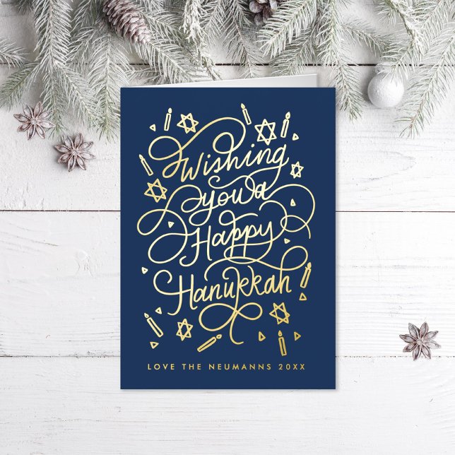 Carte De Vacances Métallisée Wishing you a happy hanukkah handlettering (Créateur téléchargé)